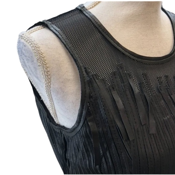 Elie Tahari black leather & mesh Milan fringe dress. Sizzling hot. Size 2. - Picture 2 of 10